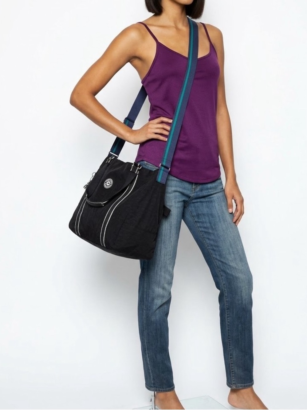 Kipling Adara M Travel Tote Bag Jet Black Contrast Trim Multicolored Strap